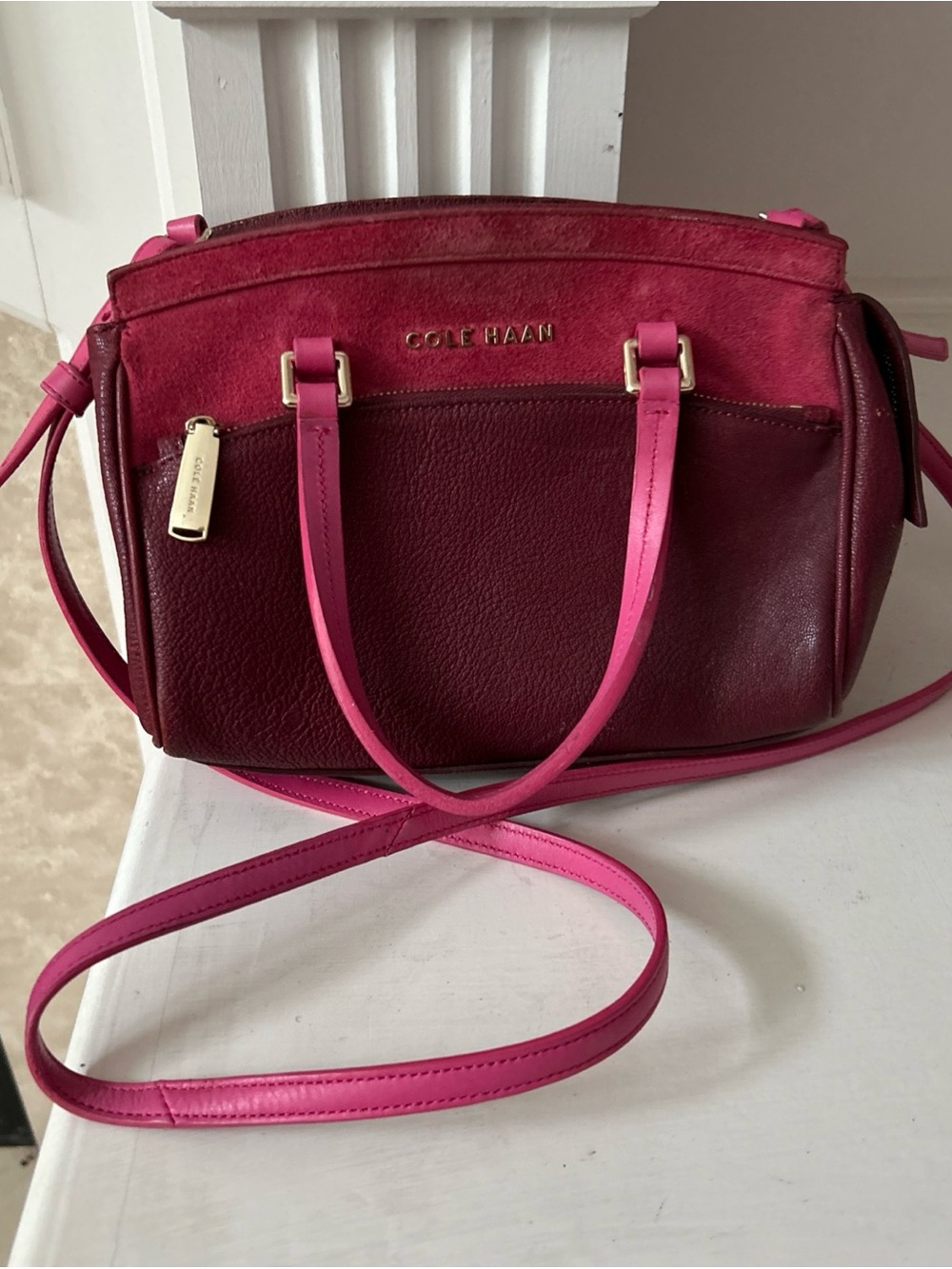 Cole Haan Linley Magenta  and Wine Leather Suede Crossbody Satchel Bag